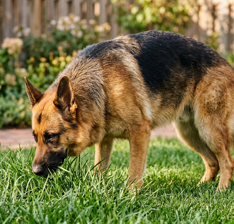 An adult German Shepherd dog sniffing and nibbling on green grass in a sunny backyard.
