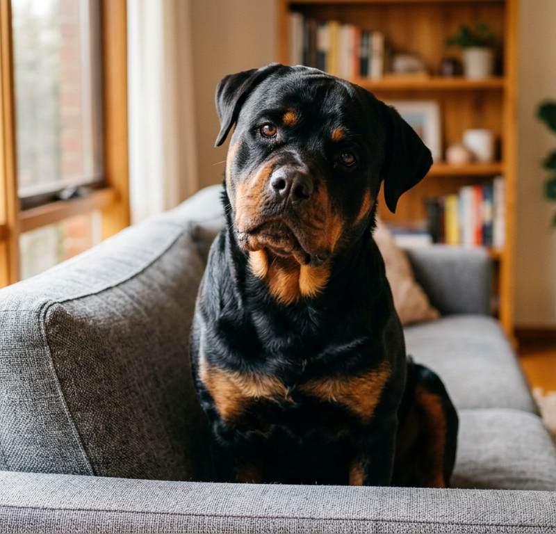 A tan Pug sitting on a grey sofa in a brightly lit living room, looking curious with its head tilted.