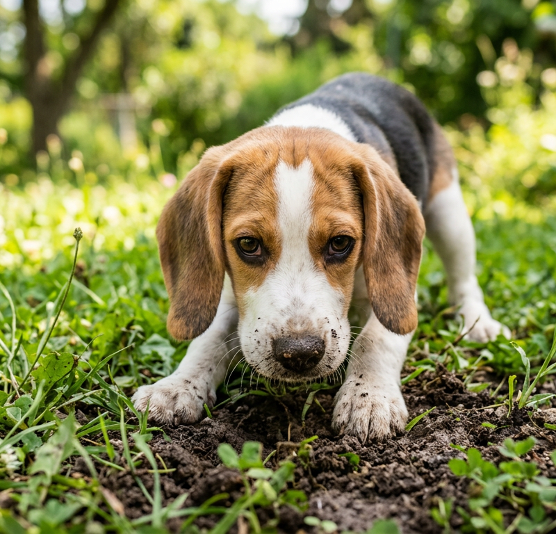 A curious Beagle puppy sniffing and gently licking a patch of mud in a sunny green garden.
