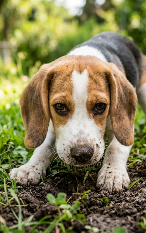 A curious Beagle puppy sniffing and gently licking a patch of mud in a sunny green garden.
