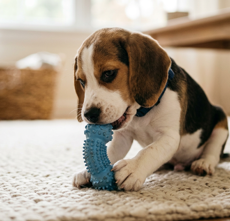A young Beagle puppy chewing on a blue rubber teething ring in a bright living room.
