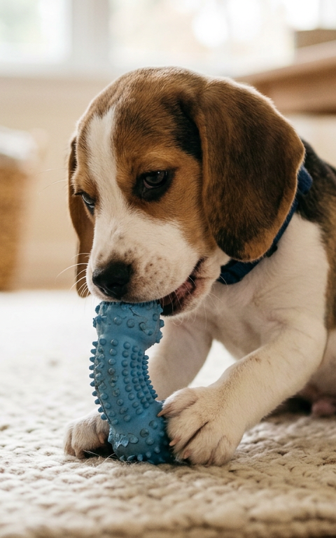 A young Beagle puppy chewing on a blue rubber teething ring in a bright living room.