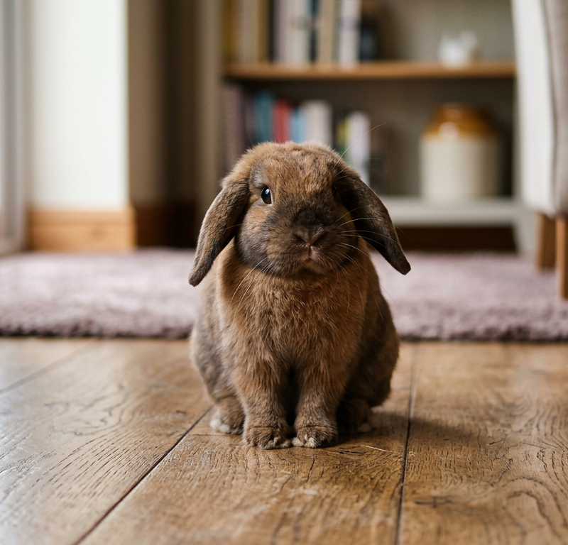 A brown Holland Lop rabbit sitting on a wooden floor with its ears forward and a focused expression.