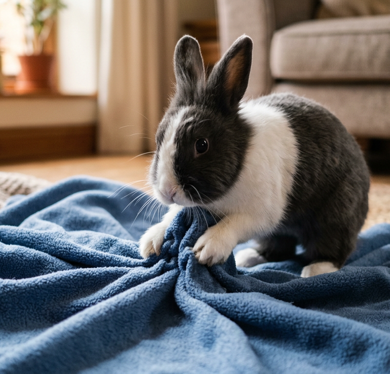 A Dutch rabbit using its paws to push and organize a soft blue fleece blanket on a wooden floor.