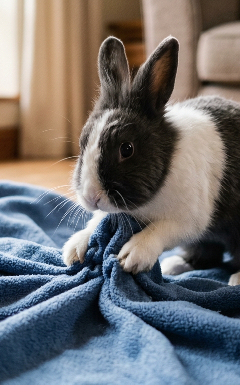 A Dutch rabbit using its paws to push and organize a soft blue fleece blanket on a wooden floor.