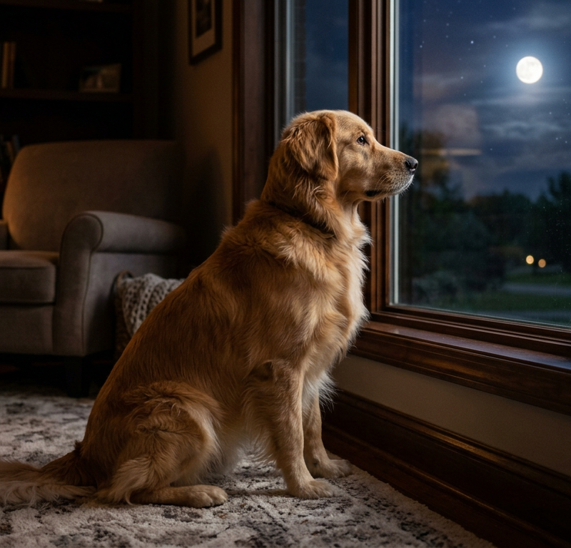 A dog sitting alertly by a window at night looking at shadows outside in a dimly lit room.