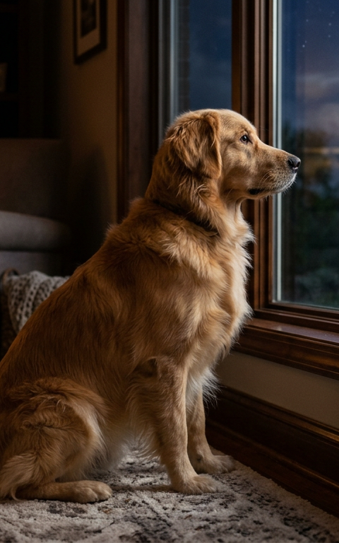 A dog sitting alertly by a window at night looking at shadows outside in a dimly lit room.