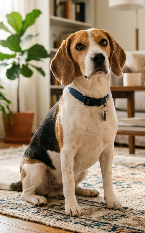 A calm Beagle sitting on a patterned rug in a bright, modern living room looking curious.