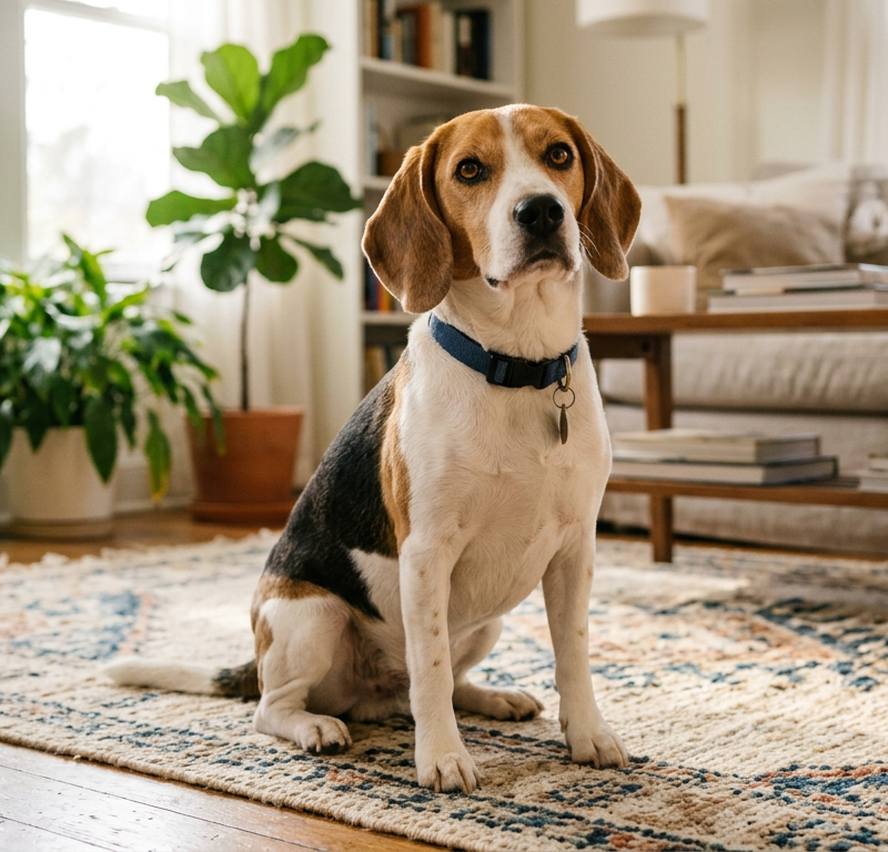 A calm Beagle sitting on a patterned rug in a bright, modern living room looking curious.