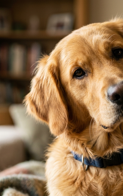 A curious Golden Retriever tilting its head while looking intently at the camera in a bright living room.