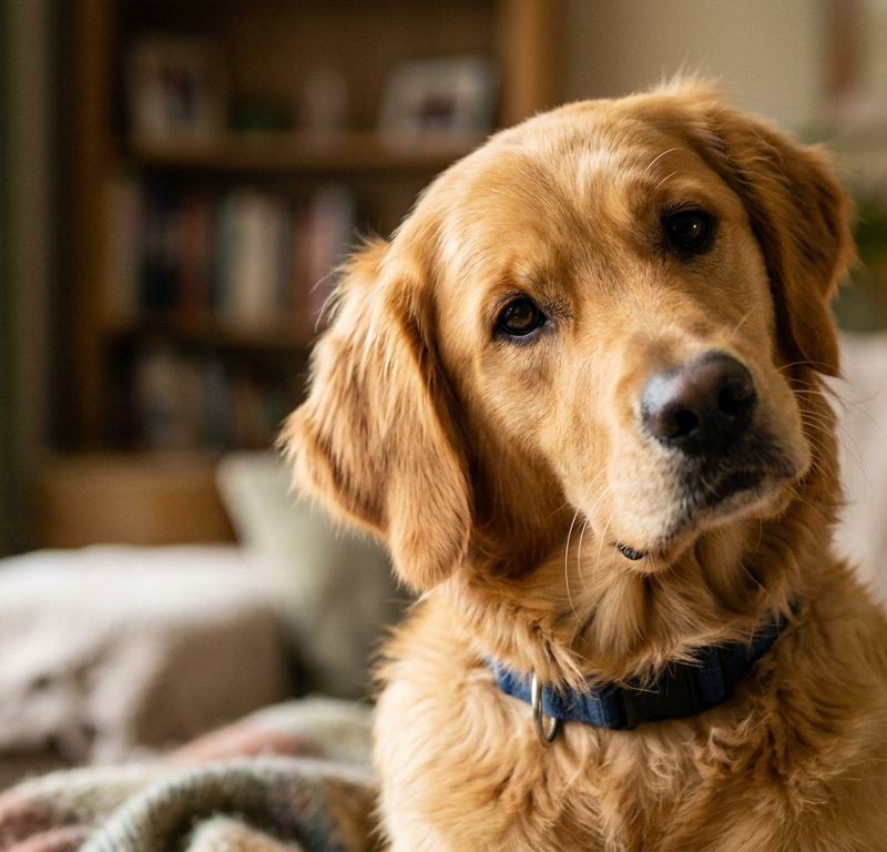 A curious Golden Retriever tilting its head while looking intently at the camera in a bright living room.