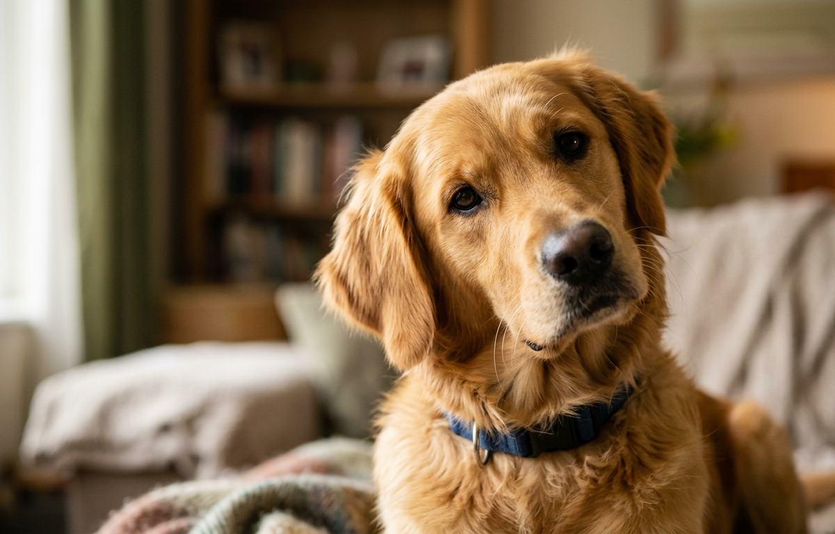 A curious Golden Retriever tilting its head while looking intently at the camera in a bright living room.