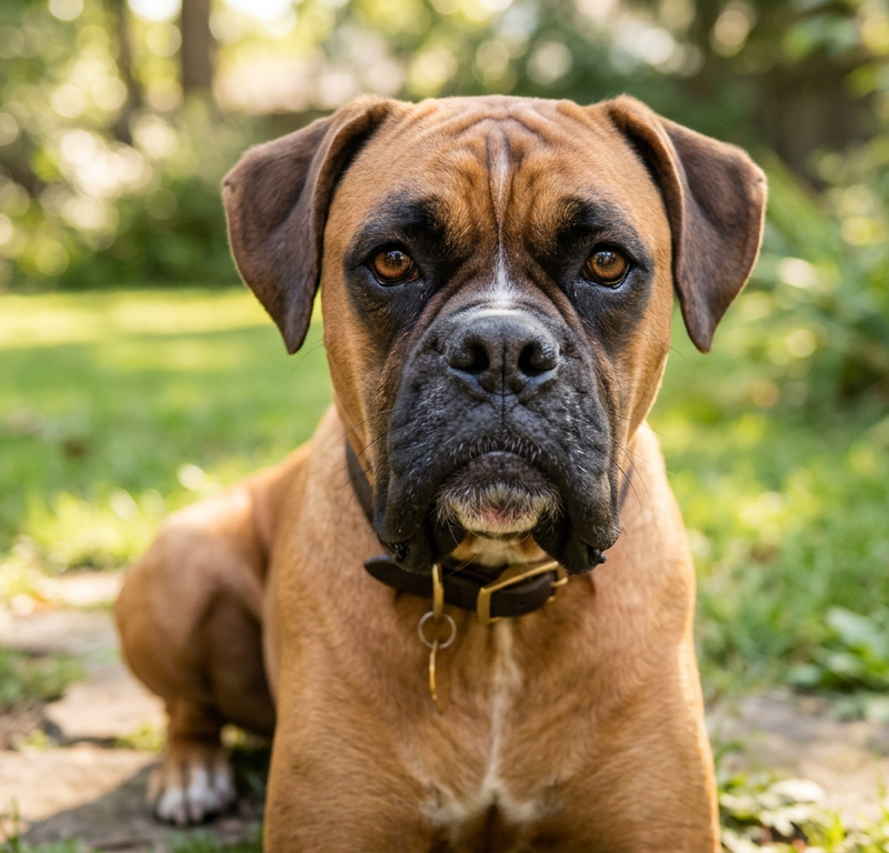 Close up of a brown and white Boxer dog showing its unique jowl and muzzle structure in a garden.