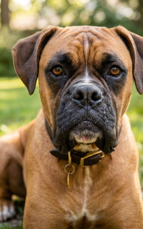 Close up of a brown and white Boxer dog showing its unique jowl and muzzle structure in a garden.