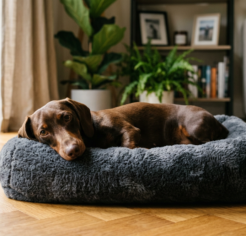A brown smooth-haired Dachshund resting comfortably in a soft dog bed looking alert.
