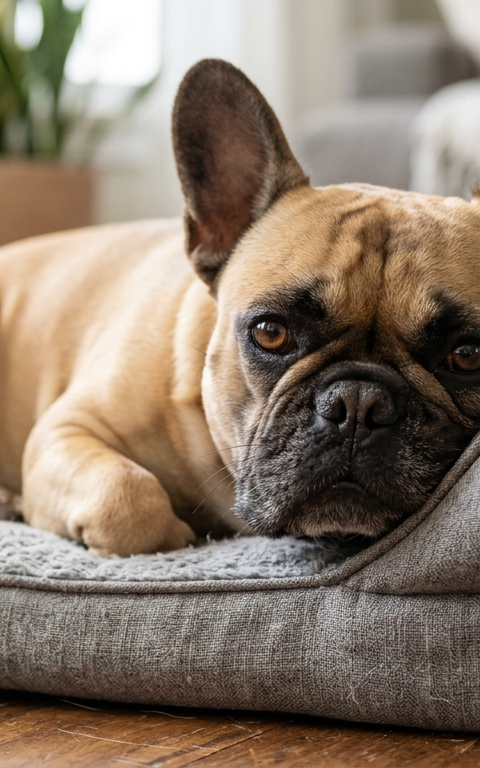A fawn French Bulldog resting its head on a pillow looking peacefully at the camera.
