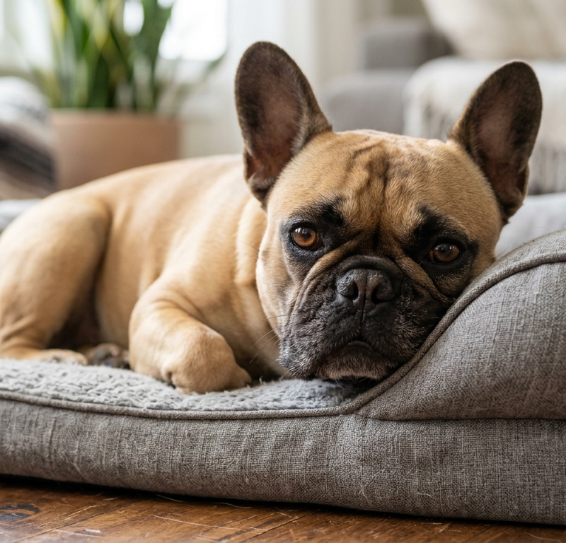 A fawn French Bulldog resting its head on a pillow looking peacefully at the camera.