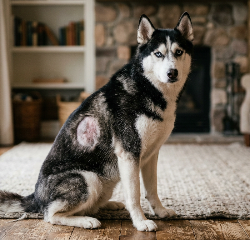 A Siberian Husky sitting in a living room with visible thinning patches of fur on its flank and leg.