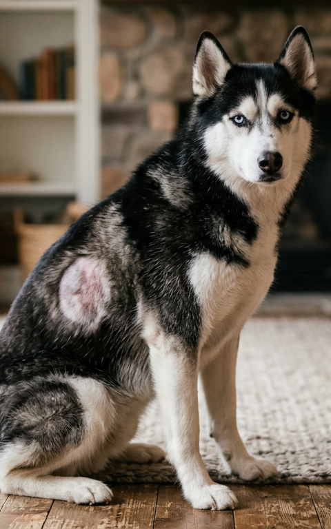 A Siberian Husky sitting in a living room with visible thinning patches of fur on its flank and leg.