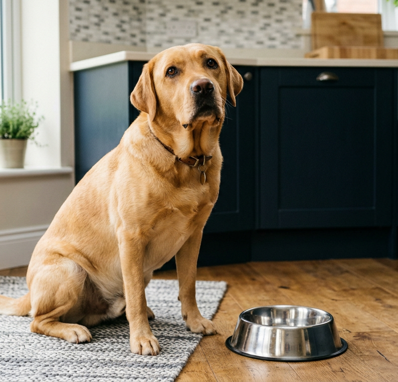 A yellow Labrador Retriever sitting by an empty food bowl looking up expectantly in a sunlit kitchen.