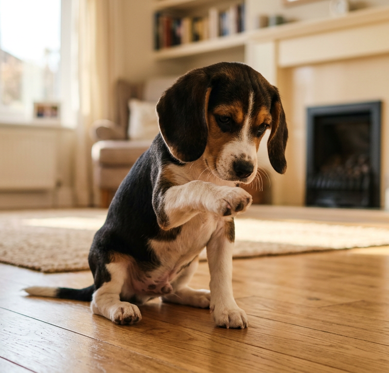A young Beagle puppy sitting on a wooden floor looking curiously at its front paw.