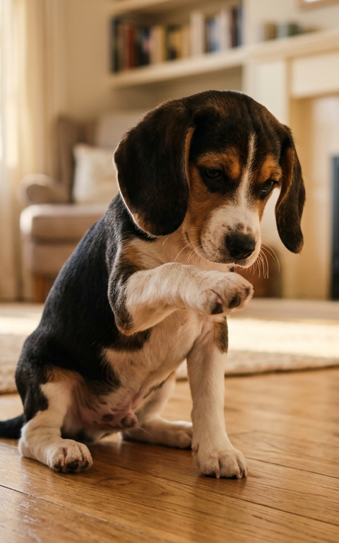 A young Beagle puppy sitting on a wooden floor looking curiously at its front paw.