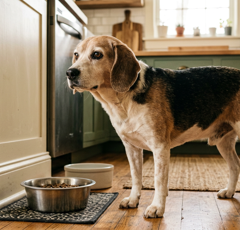 An elderly Beagle standing on a wooden floor looking thoughtfully toward its food bowl indoors.