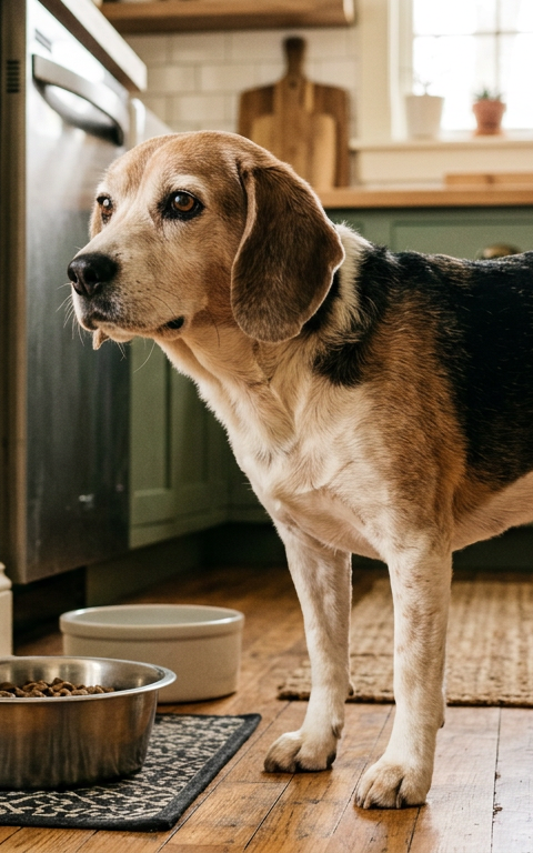 An elderly Beagle standing on a wooden floor looking thoughtfully toward its food bowl indoors.